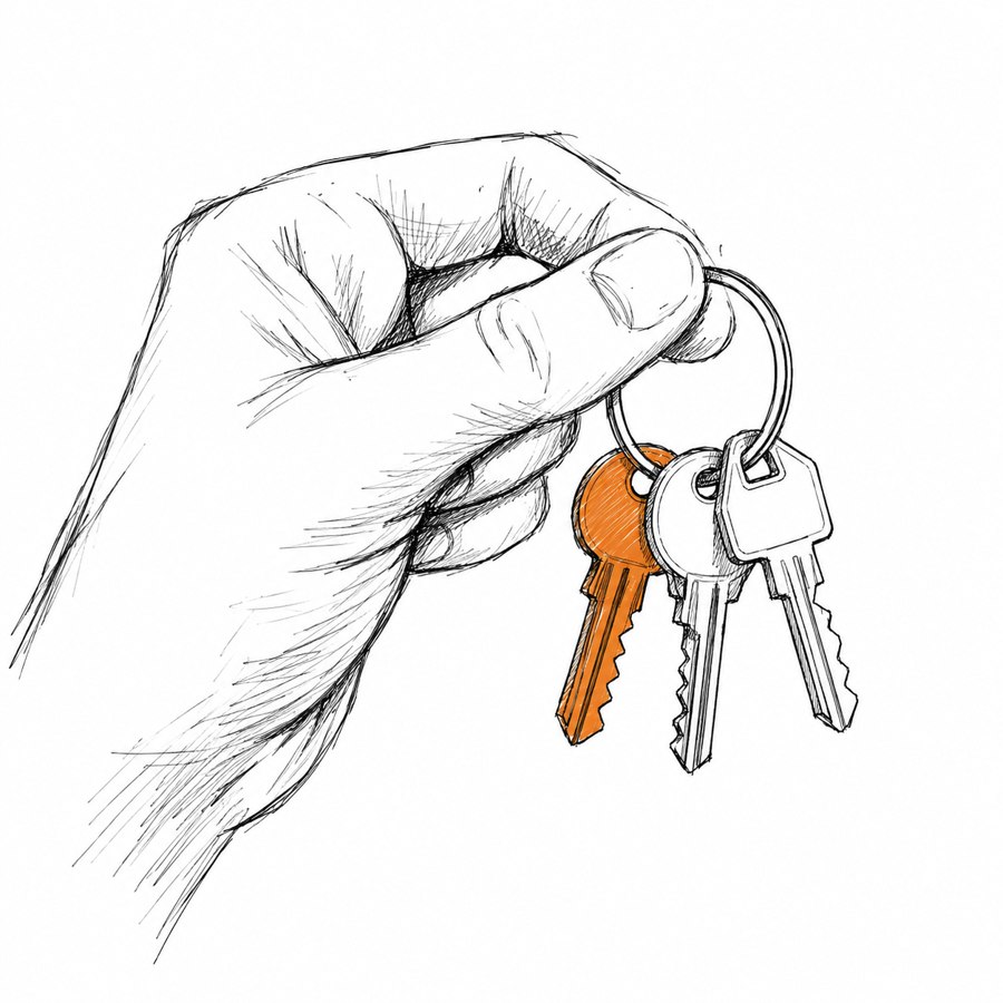 ChatGPT result: clean digital pen sketch, hand holding three keys, one orange